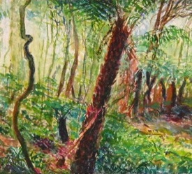 'Cathedral of Ferns 1, Mt Wilson' watercolour on rag paper 102x21cm 2012 framed- white box float mount deckled edge